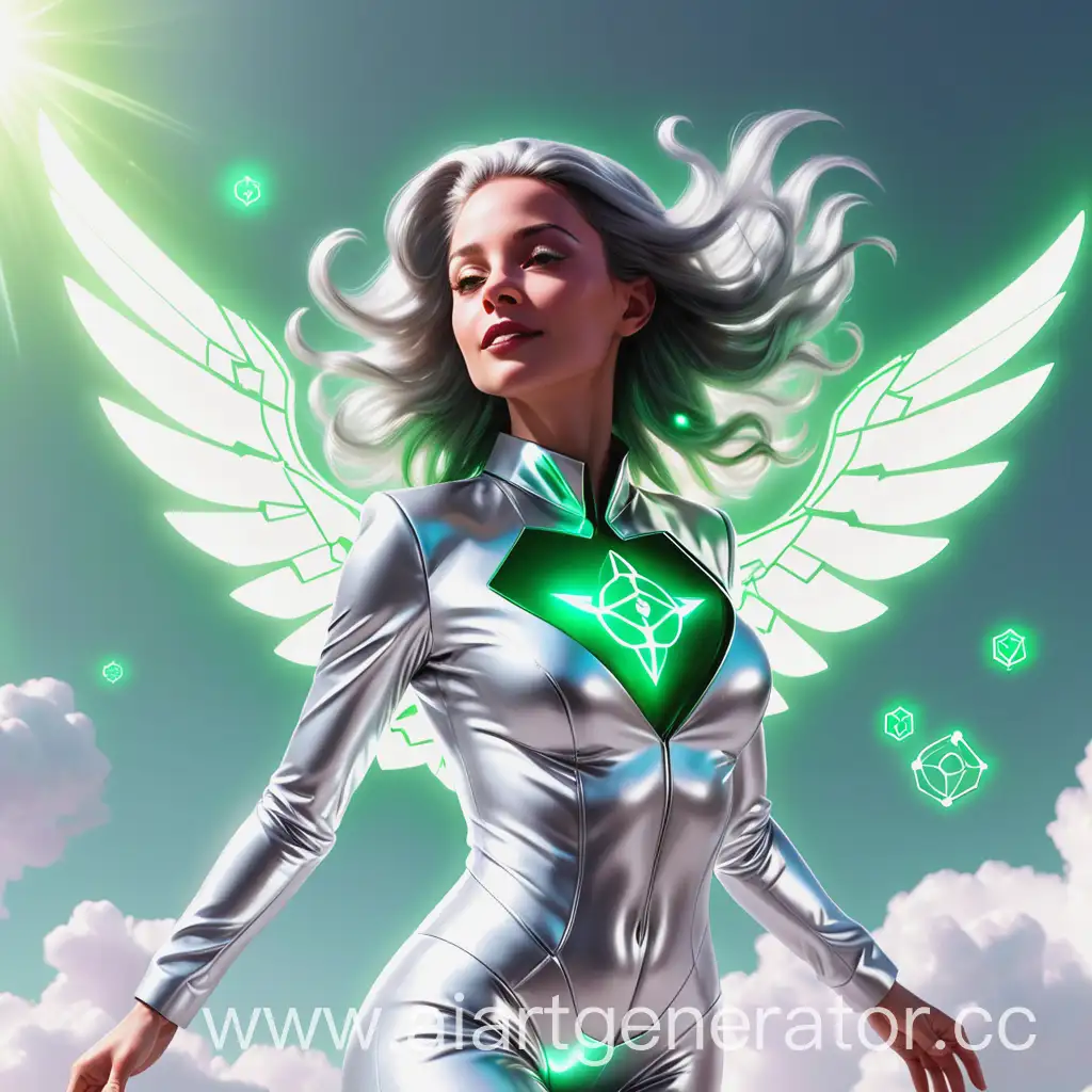 Seraphina flying through a bright sky, glowing with energy, wearing a sleek, silver suit with a green serotonin molecule emblem on her chest.