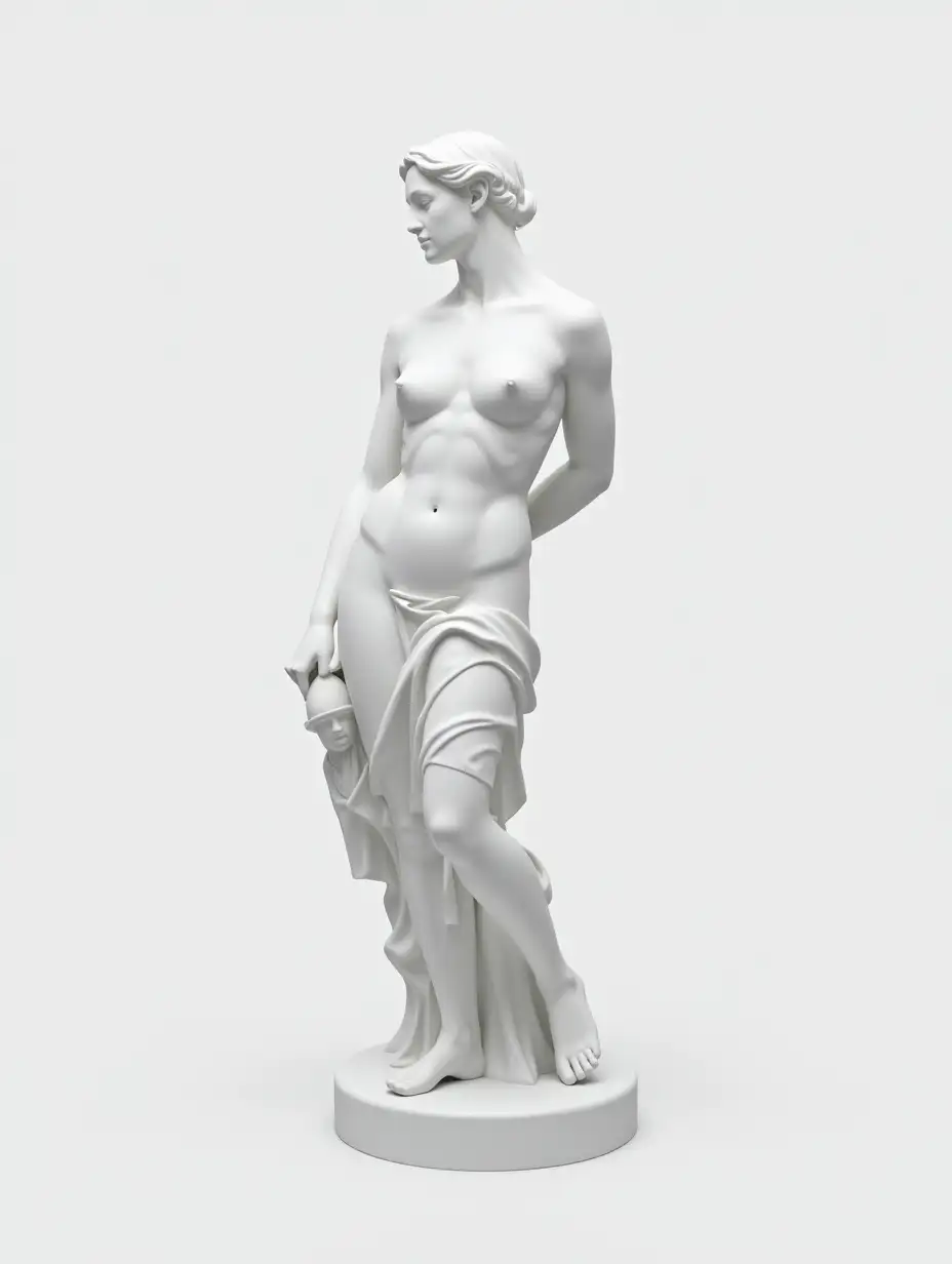 Broken White Statue of Greek Goddess in Plain Background with Overhead Lighting