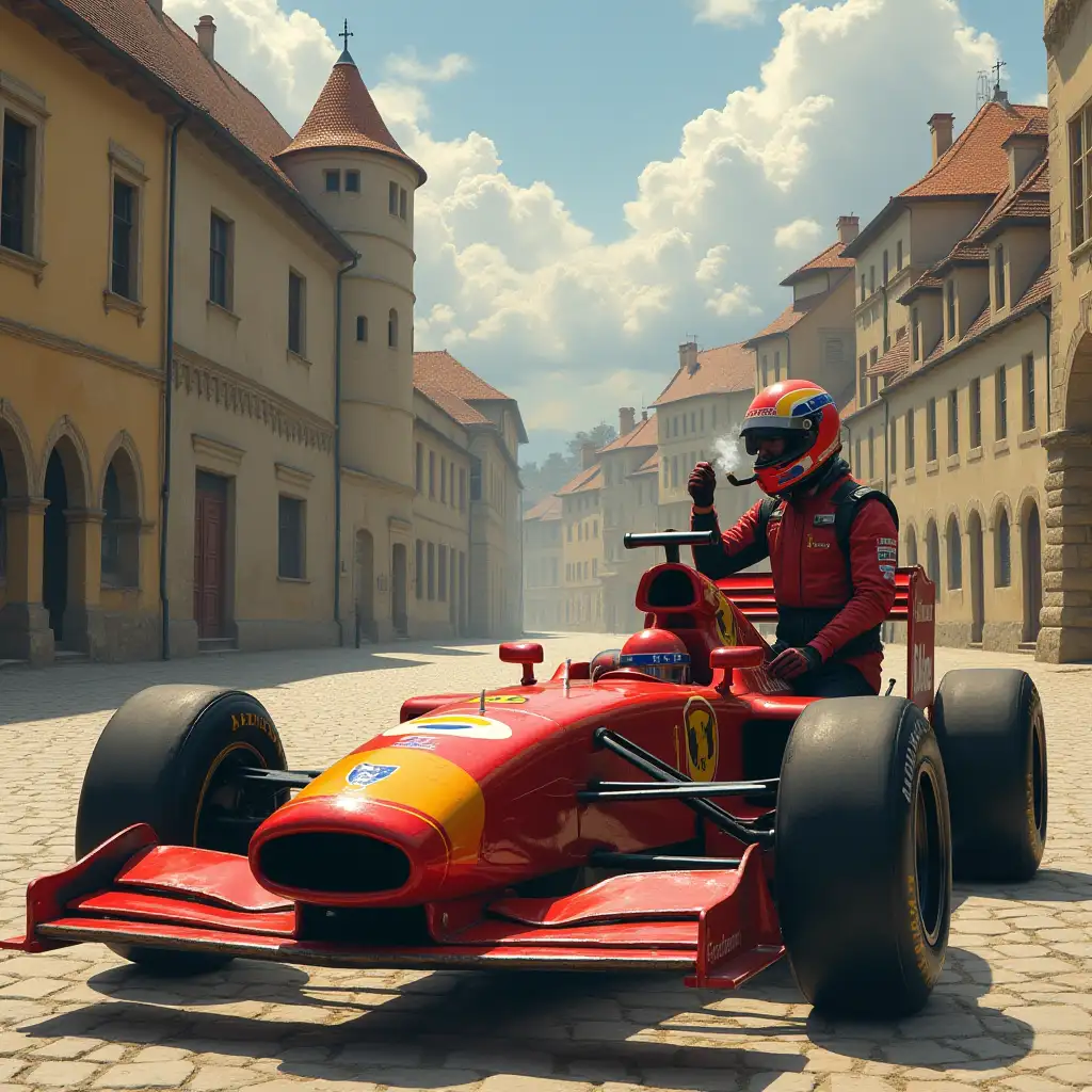 Formula-One-Race-Car-in-Medieval-Square-with-Pilot-Smoking-a-Pipe