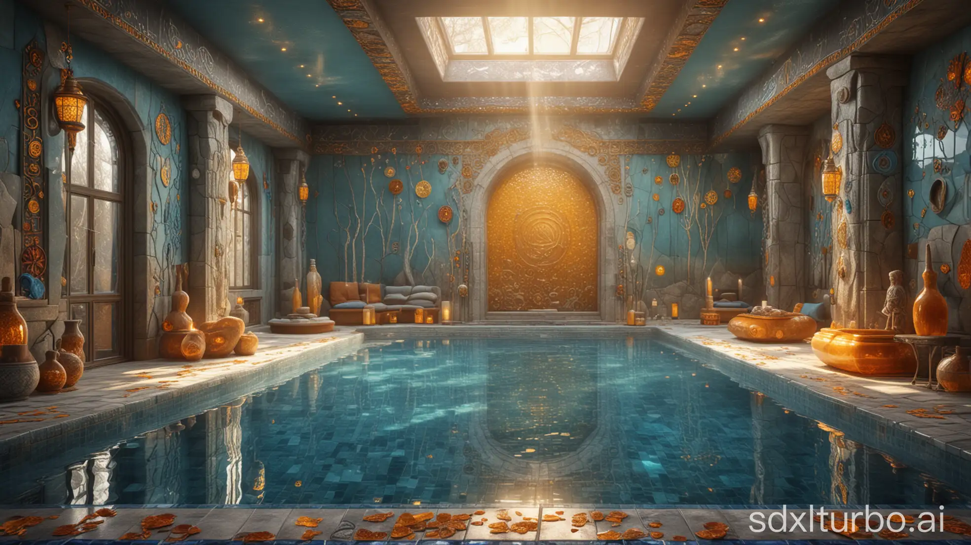 a vast luxury nordic spa in fantasy style, with carved adorned stone sculptures, many colorful magical signs on walls, glassy cups, amber and blue mosaic pool, sunny atmosphere, highly detailed