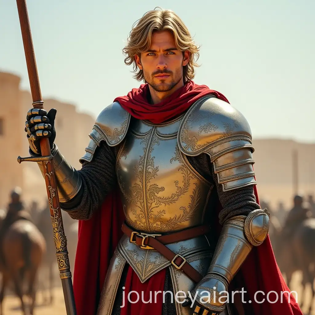 Medieval-Knight-in-Ornate-Armor-Holding-Glaive-on-Desert-Battlefield