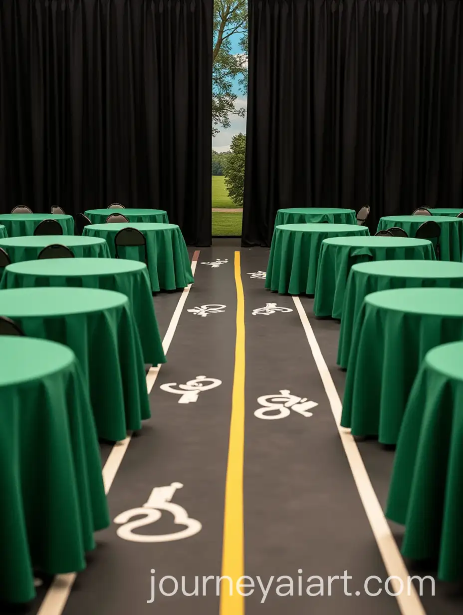 Room-with-Green-Tables-and-Road-Markings-for-Event-Participants