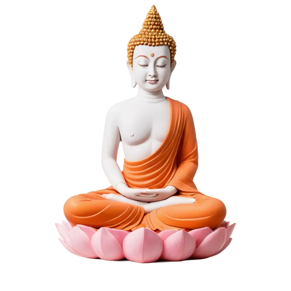 Beautiful-White-and-Orange-Buddha-Statue-PNG-on-Pink-Lotus-with-Golden-Head