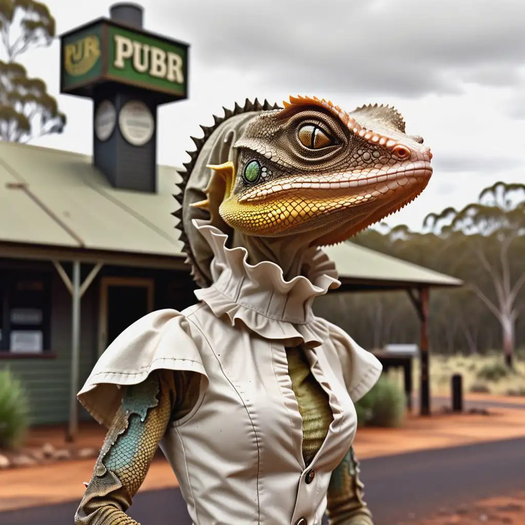 An amazingly beautiful anthropomorphic female frill neck lizard, ultra detailed, set in front of a post apocalyptic Australian bushland with a pub in background