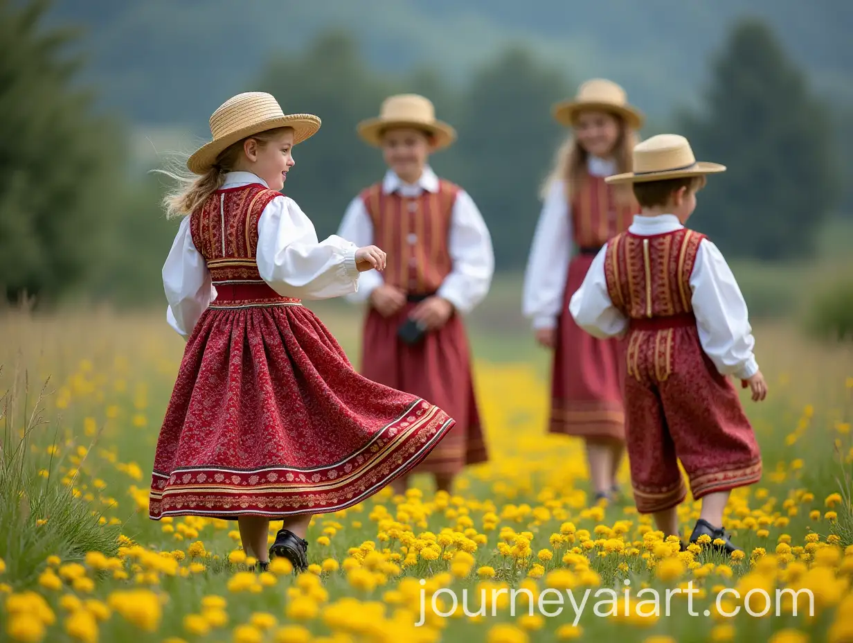 Young-Girls-and-Boys-in-Traditional-Romanian-Costumes-Dancing-on-a-Flowery-Field