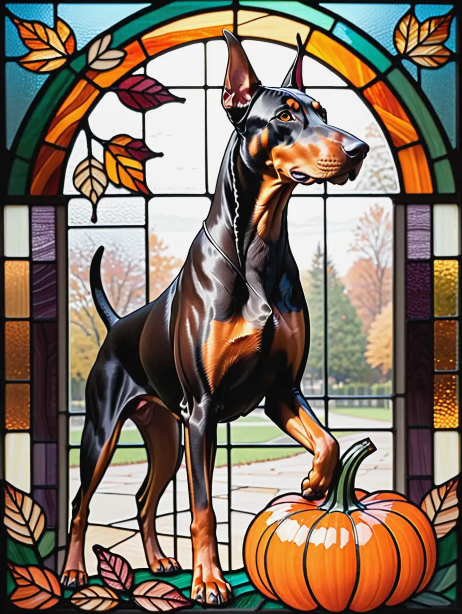 Doberman Dog with Pumpkin and Fall Leaves in Stained Glass Design