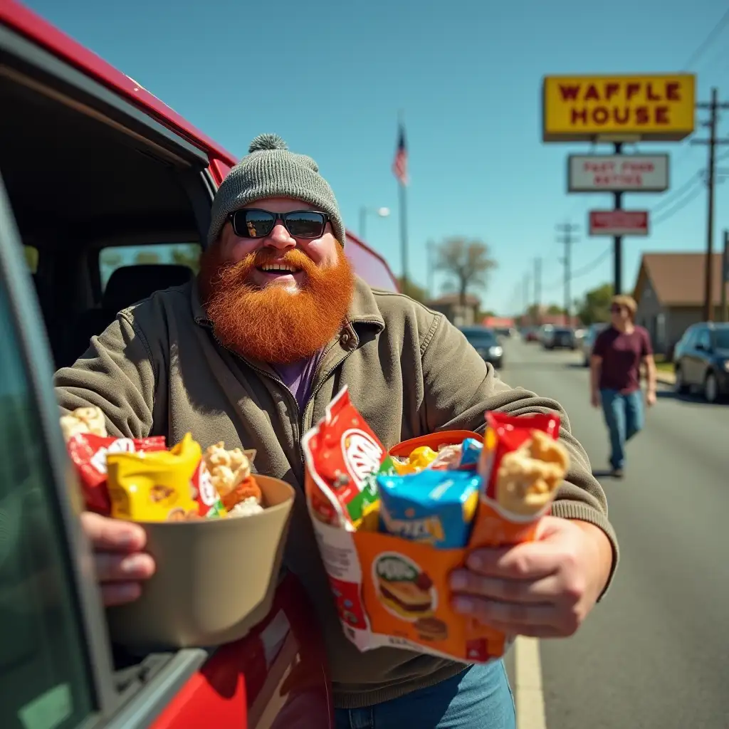 Overweight-Man-in-Sunglasses-Playfully-Running-Toward-Waffle-House-with-Snack-Bags