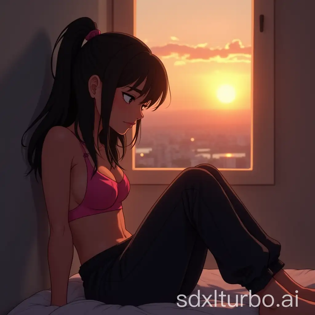 teenage girl with black hair sitting on her bed while the sun is going down. she has a pink bikini top on and black jogging pants. she is leaning against the wall. she is also a little bit tired, and the sun is almost going under