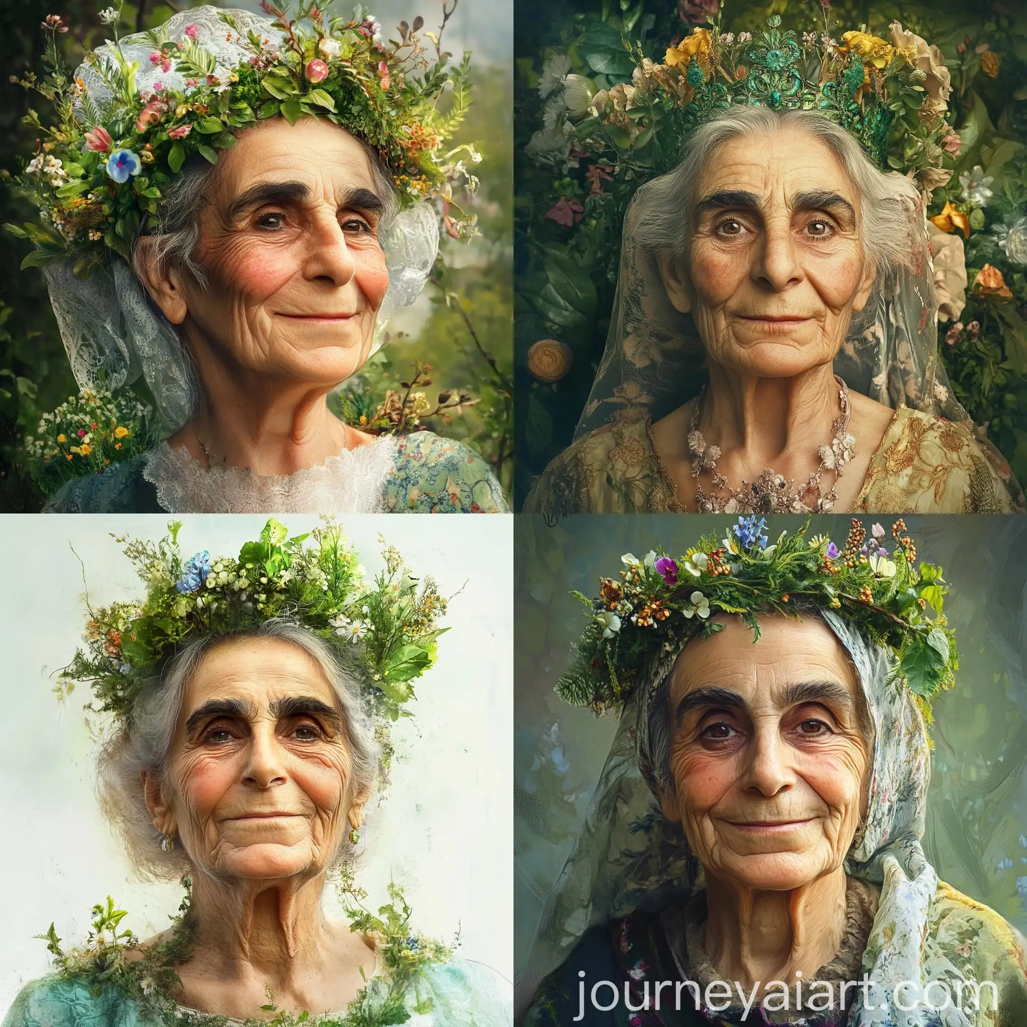 Joyful-Elderly-Woman-with-Intricate-Green-Crown-and-Nature-Elements