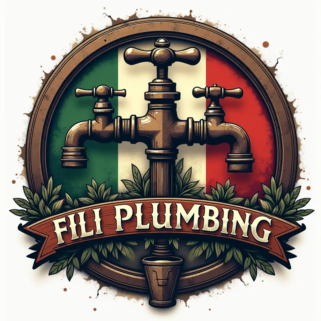 Italian Gothic Rustic Style Plumbing Logo with Faucets and Pipe Wrenches