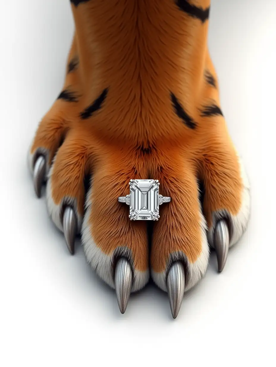 Tiger-Paw-with-Elegant-Engagement-Ring-and-EmeraldCut-Diamond