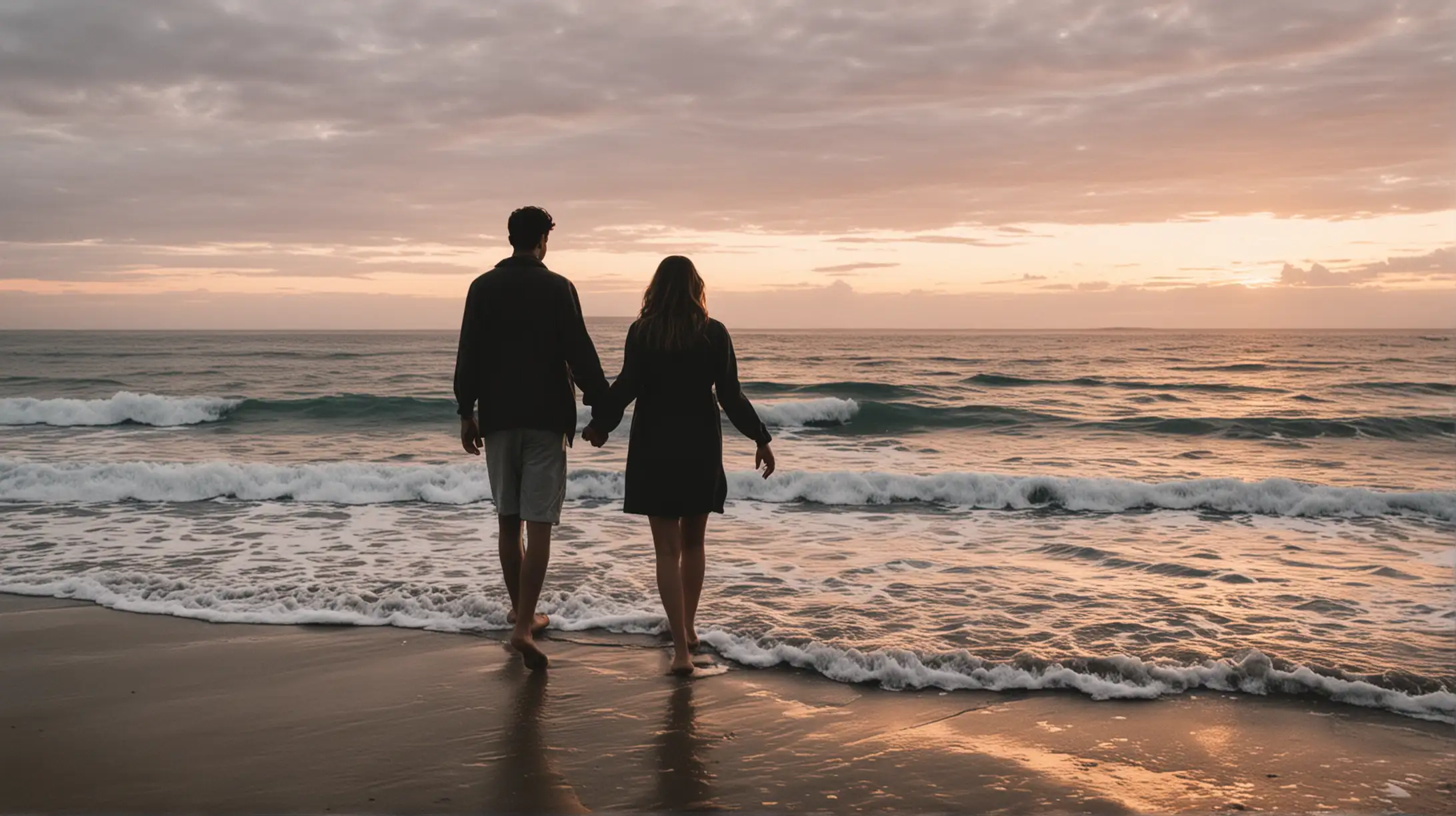 Romantic Couple Holding Hands by the Ocean at Sunset