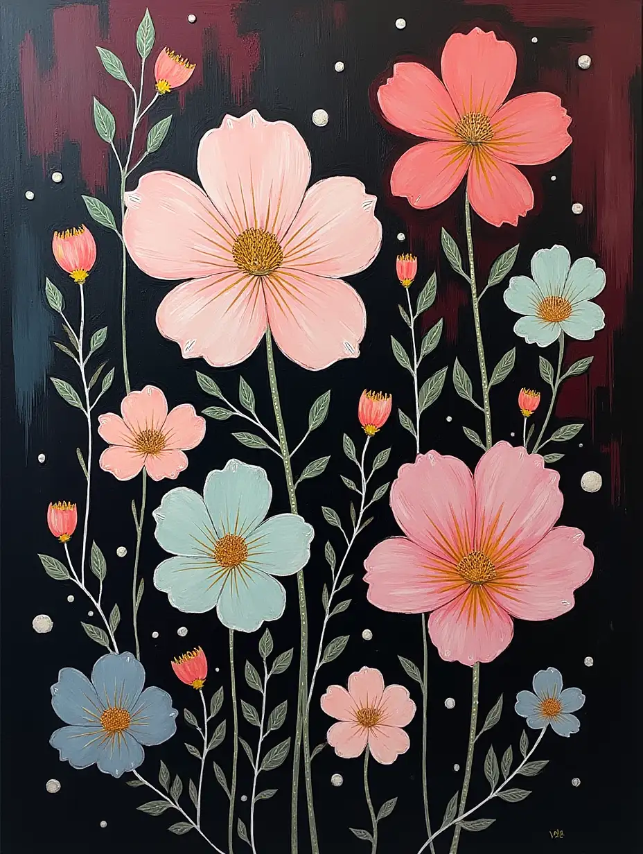 Create an abstract painting with dark, jagged black and maroon brushstrokes as the base, overlaid with continuous line art of surreal floral motifs in pastel pink, mint, and pale yellow. The line art should feel whimsical and organic, as if sprouting from the chaotic background.