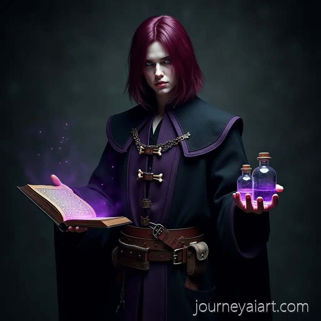 Tall-Male-Necromancer-Holding-Arcane-Grimoire-with-Glowing-Vials