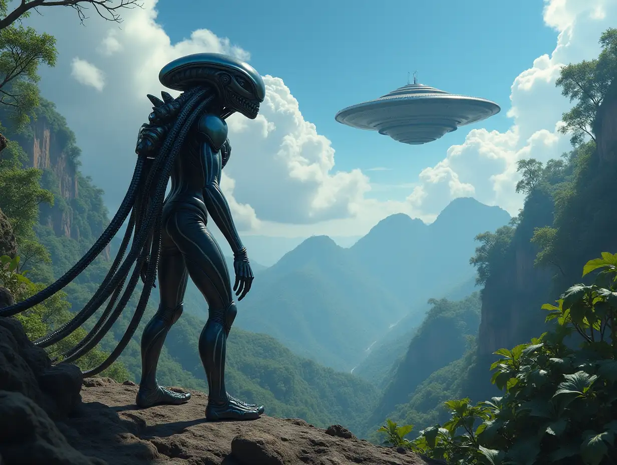 Alien with long black and white striped skin on a planet with rainforest, blue sky, UFOs