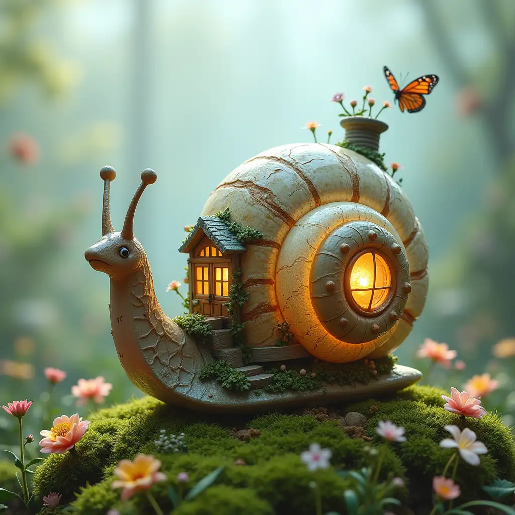 a whimsical and fantastical scene of a large glass snail with a shell transformed into a cozy house. The shell is adorned with miniature windows, a wooden door, and even a chimney. The house-like structure is surrounded by moss, flowers, and greenery. A warm, glowing light emanates from the windows, giving it a magical and inviting appearance. The background features a dreamy, soft-focus landscape with butterflies and delicate flowers scattered throughout. The setting feels serene, with pastel tones and an ethereal atmosphere, evoking a fairy-tale-like charm.