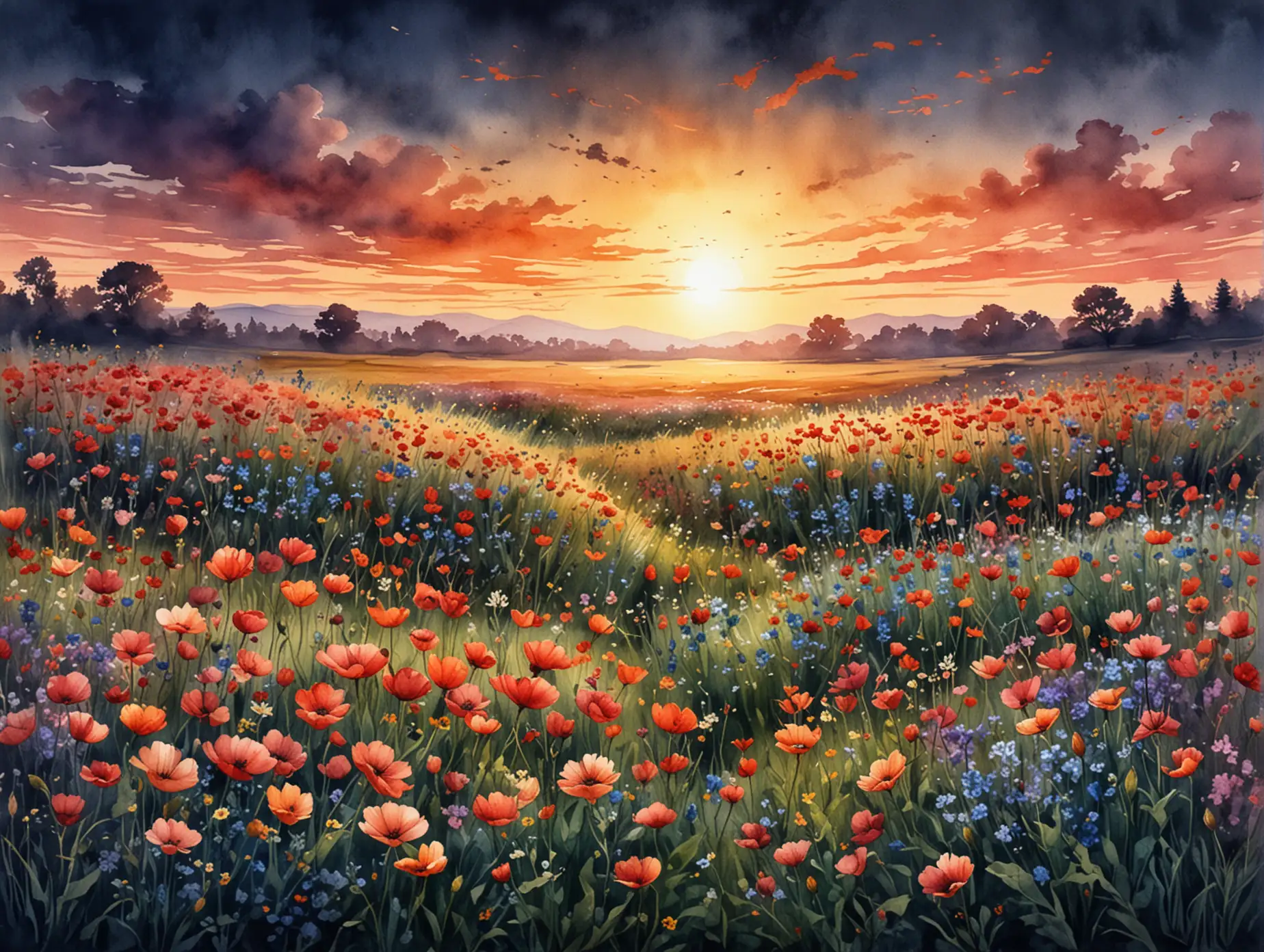 Watercolor-Flower-Field-at-Dark-Sunset-Detailed-HighQuality-Illustration