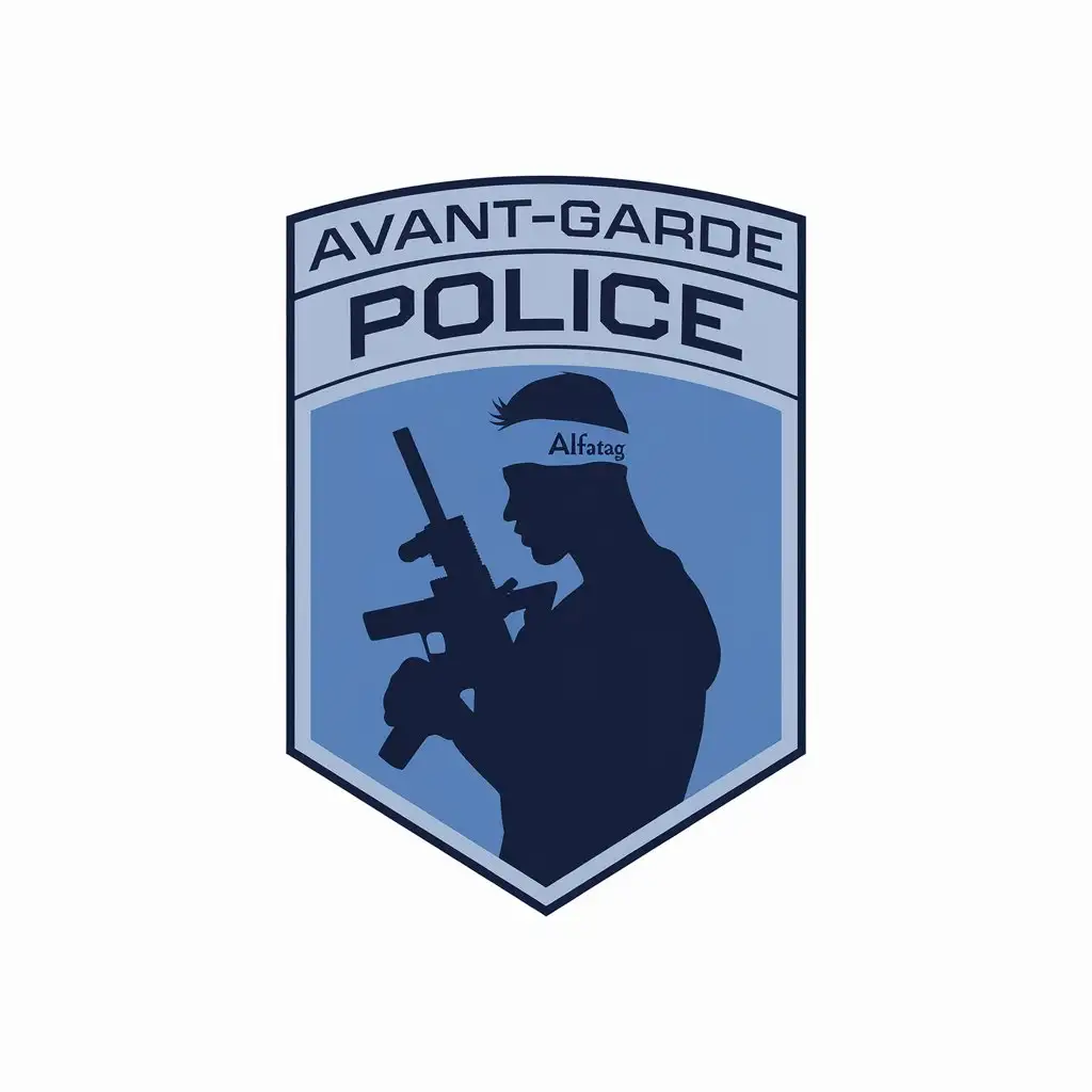 LOGO Design For Avantgarde Police Minimalistic Blue Shield with Shadow of Person and ALFATAG Headband