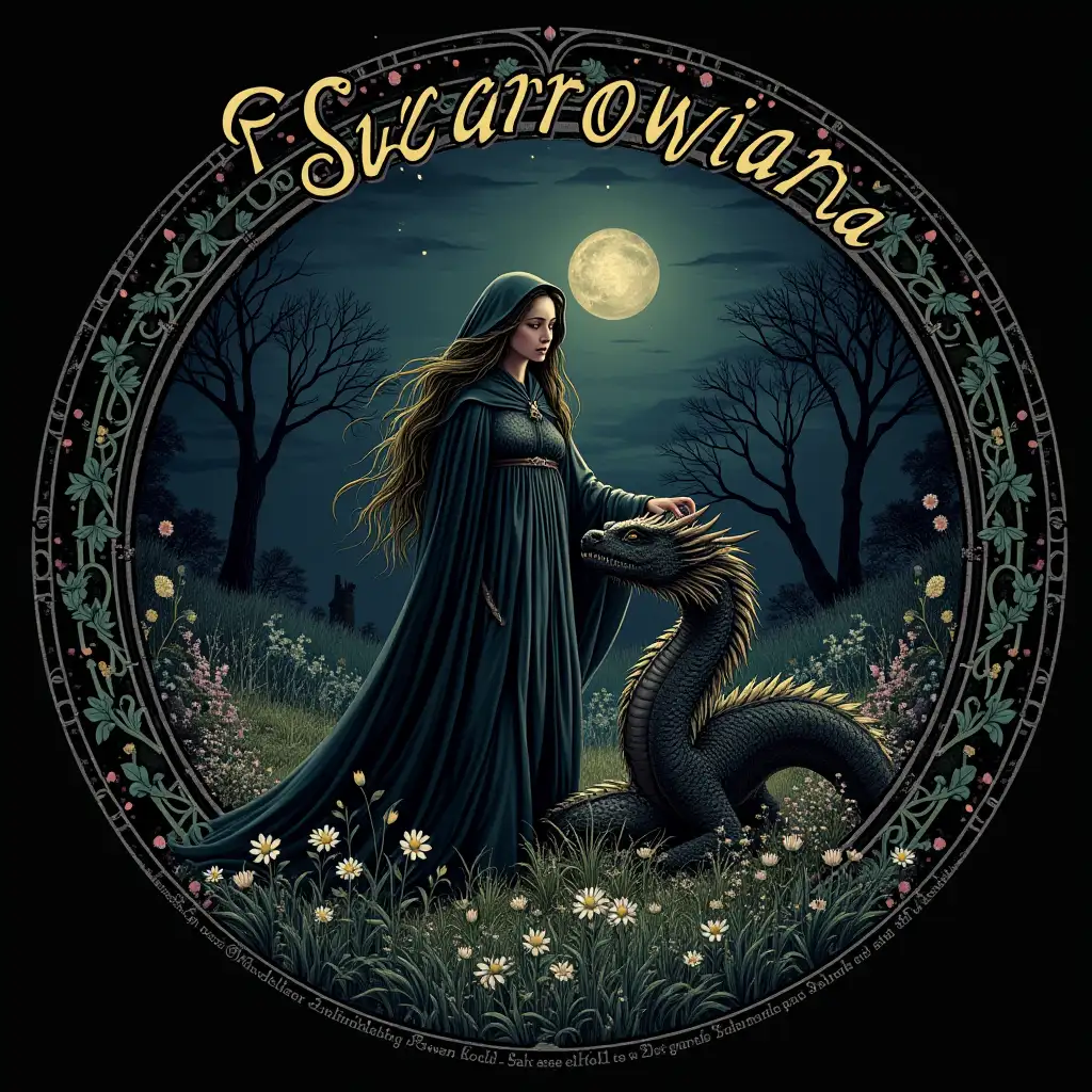 Graphics in a dark fantasy style circle. Dark sky, enchanted garden. Sorceress in a cloak, stroking a magic dragon. Around the inscription 'Zaczarowana'