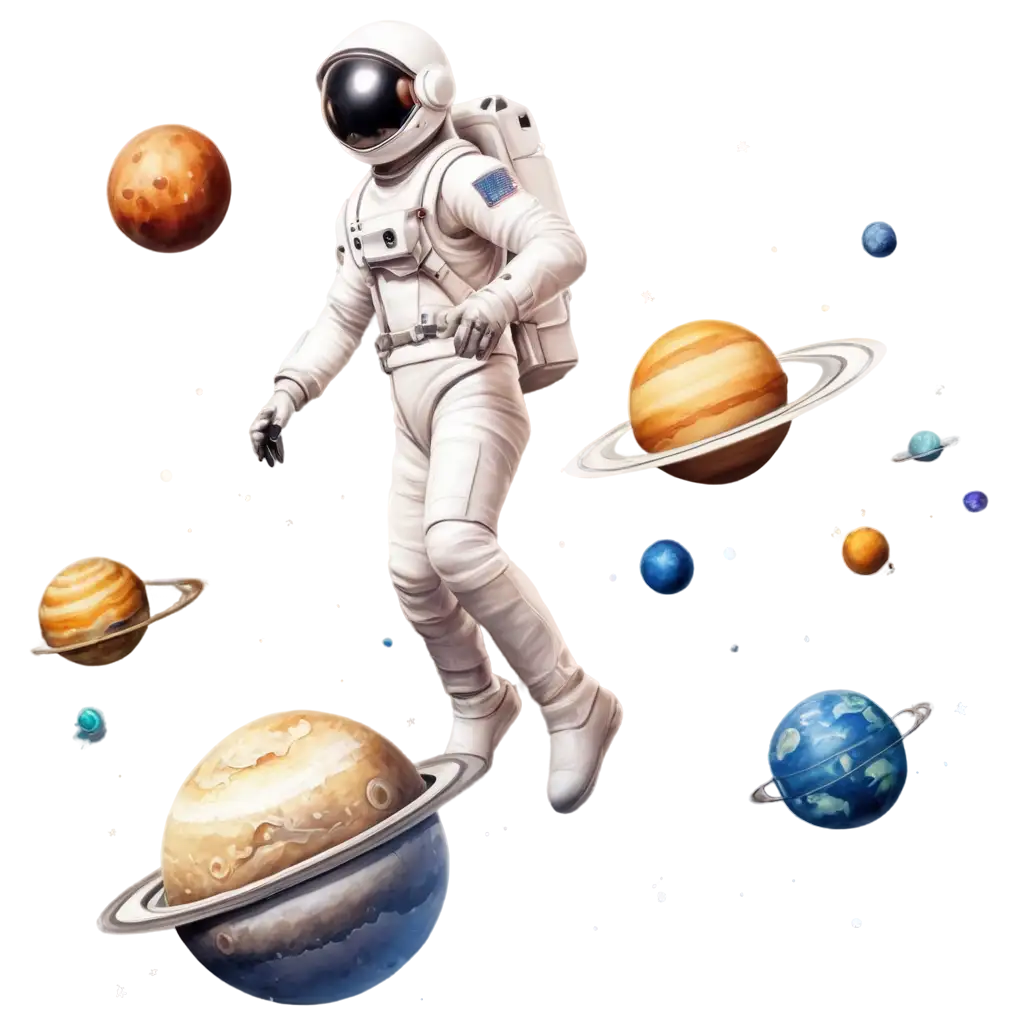 Space Explorer: An astronaut floating among stars and planets, with a spaceship zooming by.