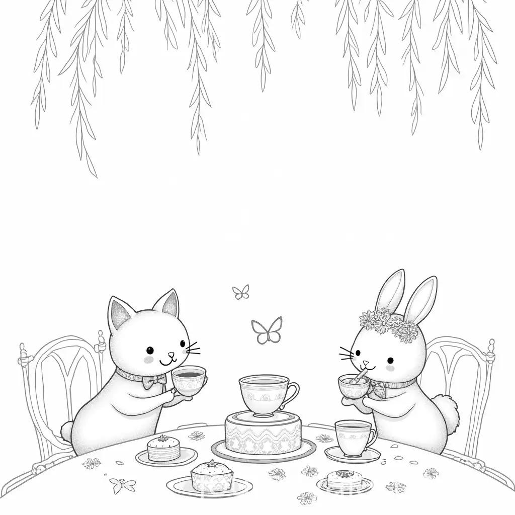 Whimsical-Tea-Party-Under-Willow-Tree-with-Cat-and-Bunny