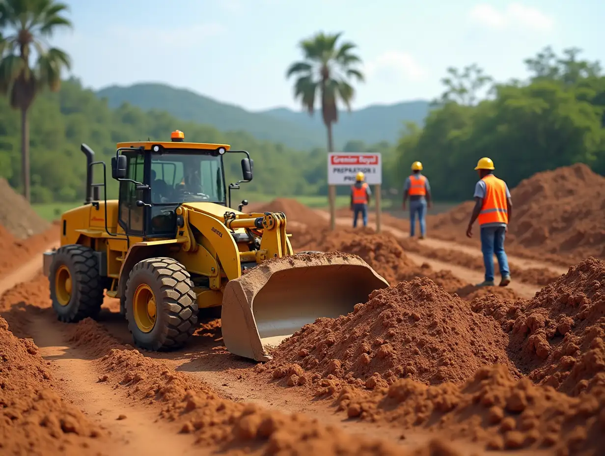 A dynamic scene of a construction site being prepared: a piece of land being excavated with a modern yellow bulldozer at work, a few workers in safety gear (hard hats and orange vests), and a well-leveled earth. In the background, a Cameroonian landscape (tropical trees or hills). Add a sign that says 'Grenier Royal - Preparation in Progress' to show professionalism. Style: photorealistic, bright light, focus on the action