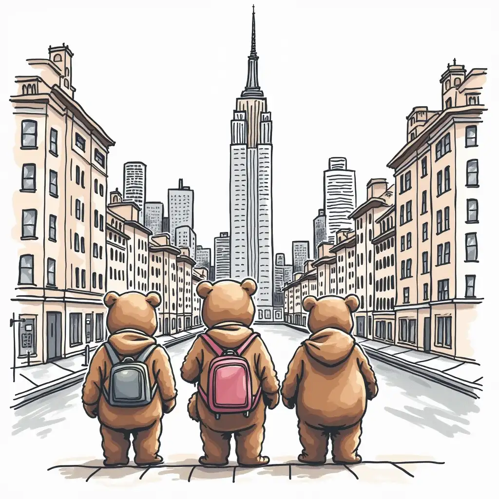 Draw a picture of three bears who are touristing around the city of New York