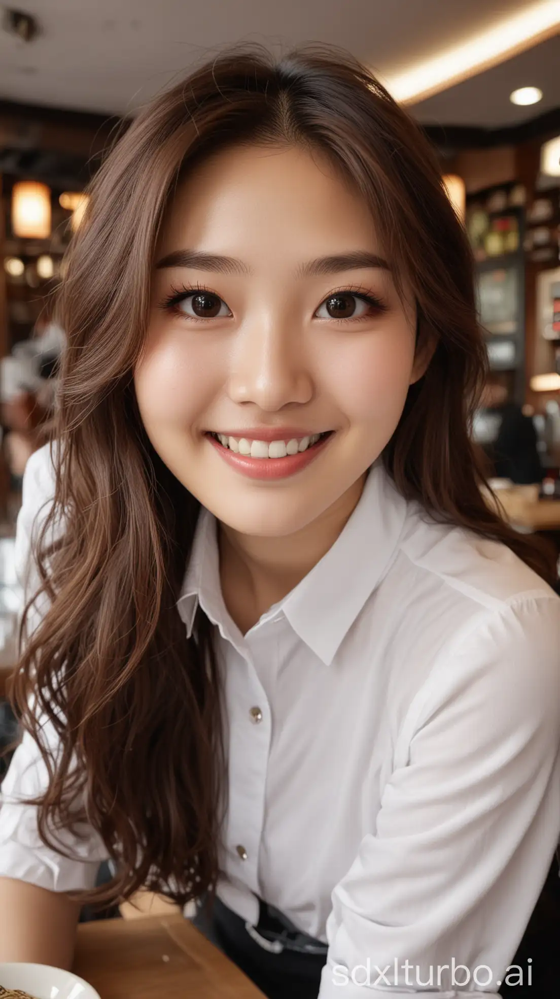 Chinese-Woman-with-Sweet-Smile-in-Restaurant-Photography-Style-Wavy-Brown-Hair