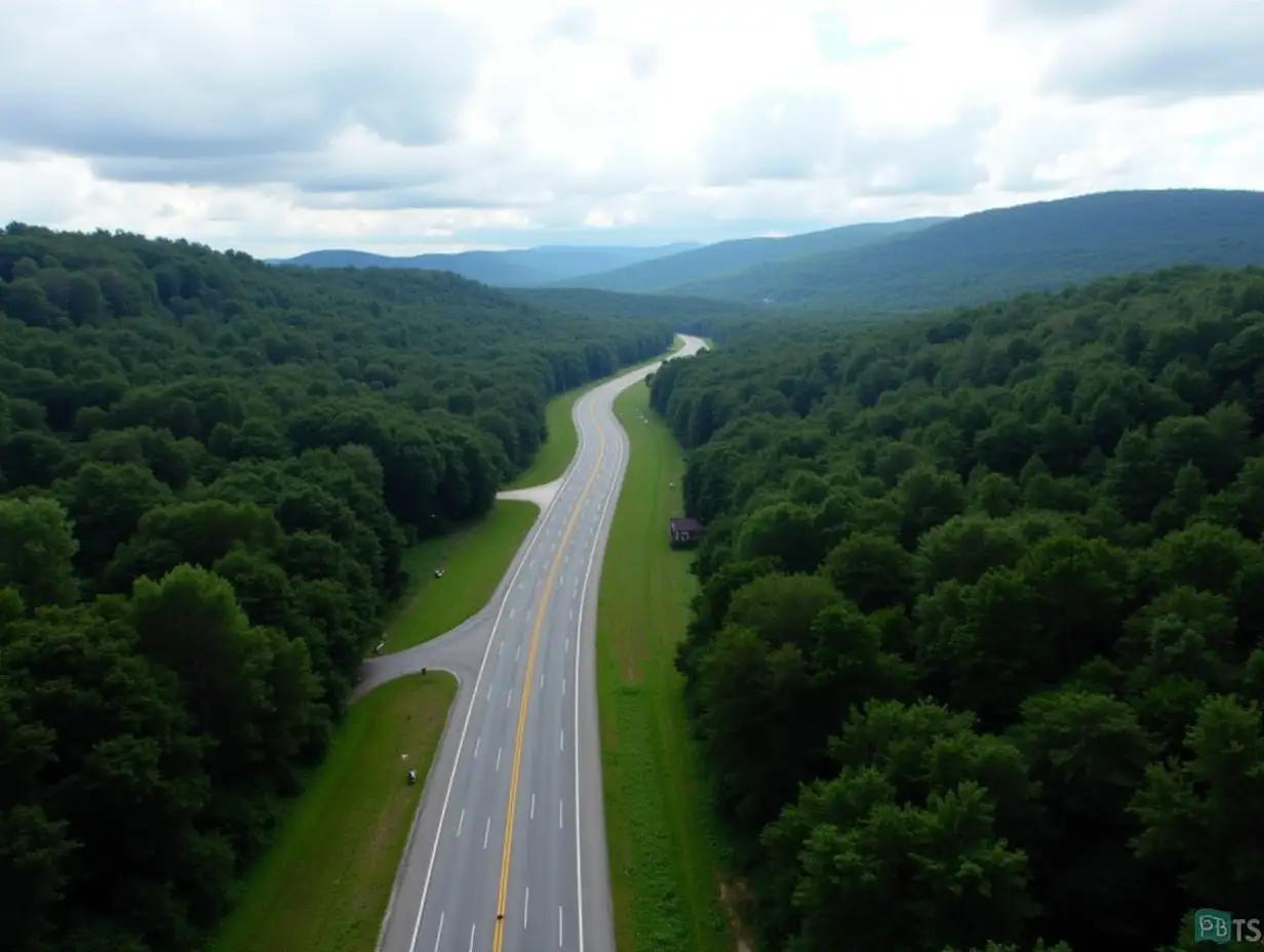 Aerial view of State Route 94 in West Virginia, surrounded by dense forests and rolling hills under a cloudy sky.