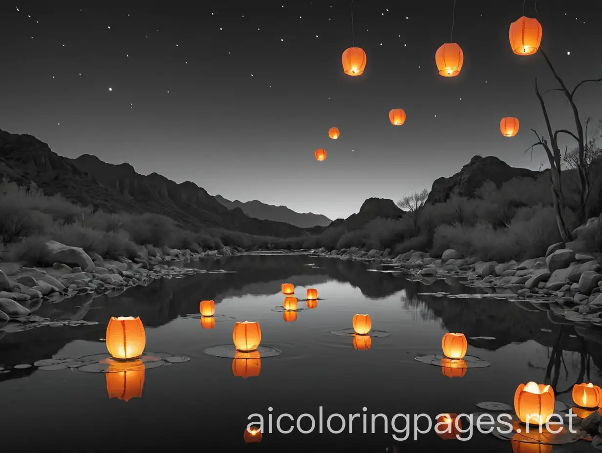 Nighttime-Arizona-Park-with-Glowing-Orange-Water-Lanterns-and-Sky-Lanterns