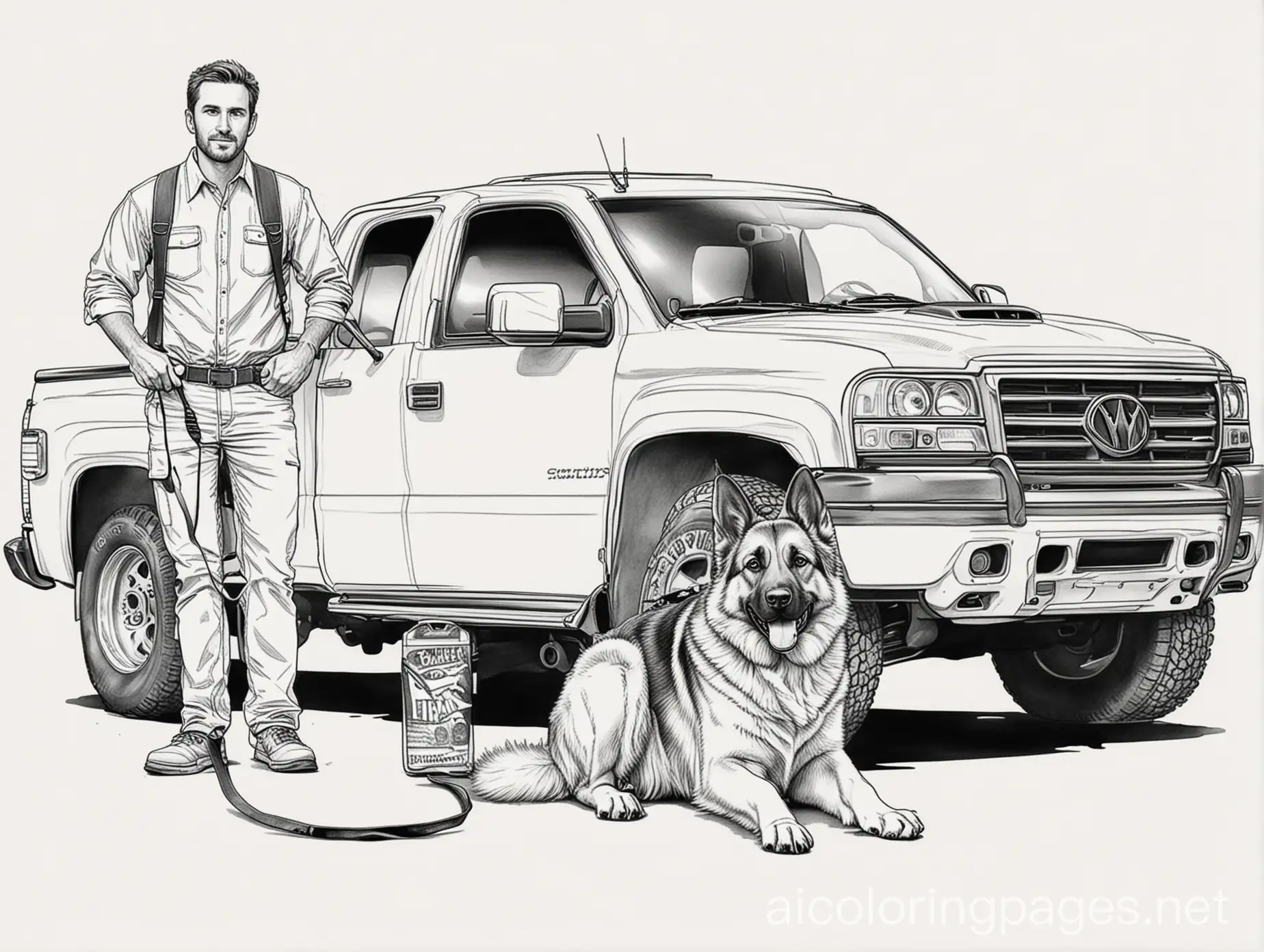 Man-Walking-a-German-Shepherd-Next-to-a-Pickup-Truck