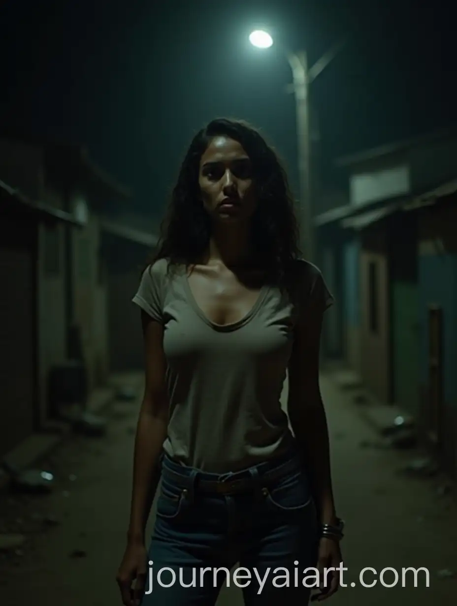 Angry-and-Worried-Indian-Woman-in-Jute-Tshirt-and-Jeans-Standing-Under-Street-Lamp-in-Slum-at-Midnight