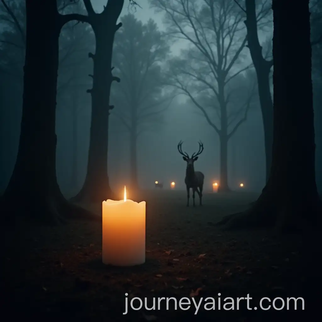 Windy-Forest-with-Evening-Lights-Candlelit-Floor-and-Deer-in-Foggy-Atmosphere