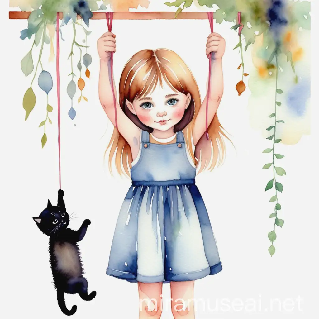 Watercolor Art Little Girl Hanging Her Cat