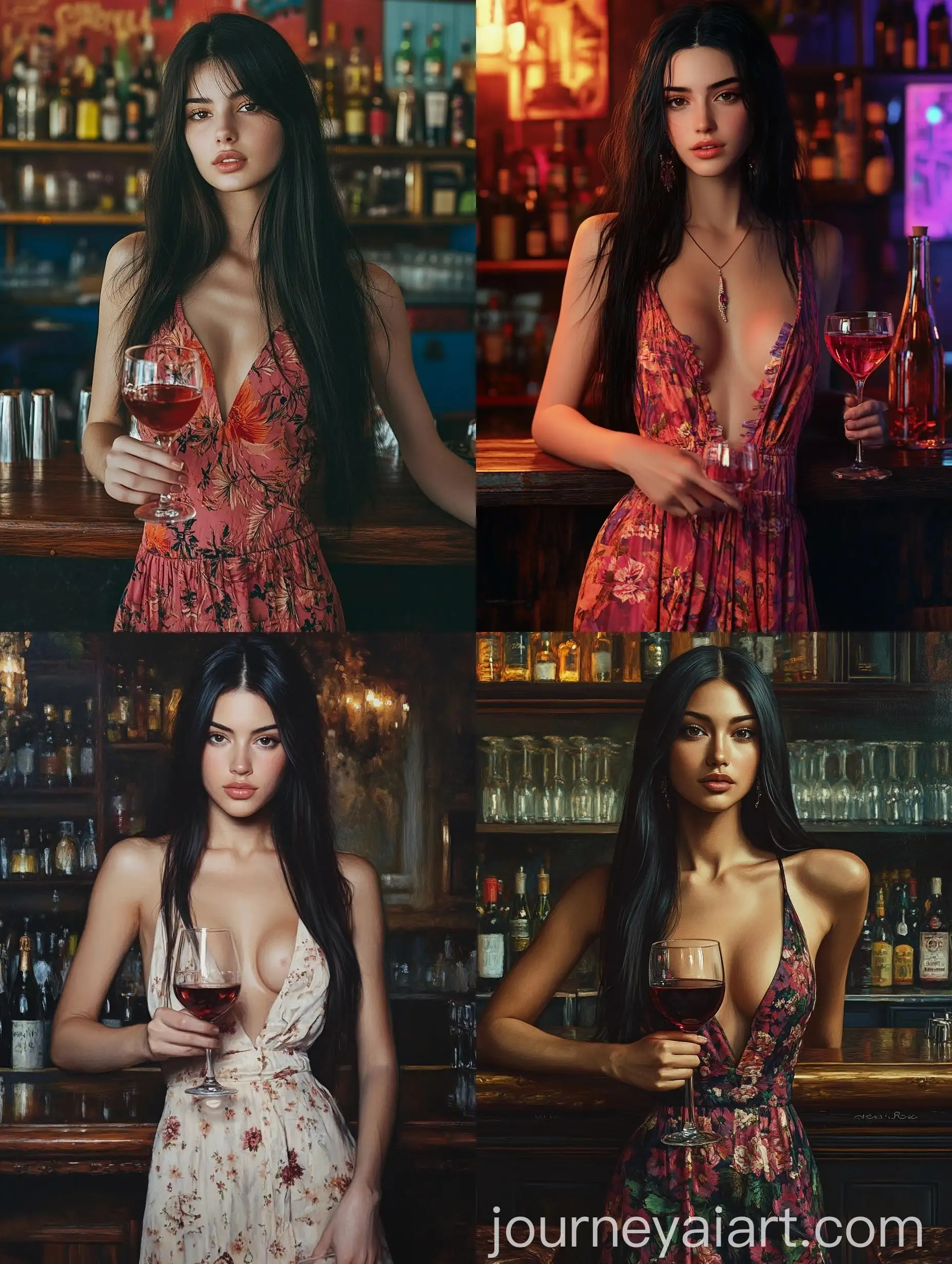 Beautiful-Young-Woman-in-Summer-Dress-with-Red-Wine-at-Nightclub-Bar-Counter