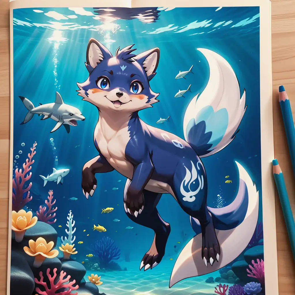 Anime Cartoon Blue Underwater Fox Seal with White Tattoos and Shark Tail