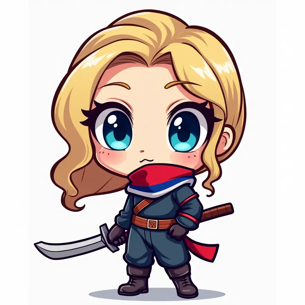 a female blonde blue eyed ninja to use as slack emoji, incorporate the Serbian flag colors red white and blue and logo somewhere in her outfit, cute comic style. use transparent background, very simple style for small emoji, show only shoulders and up