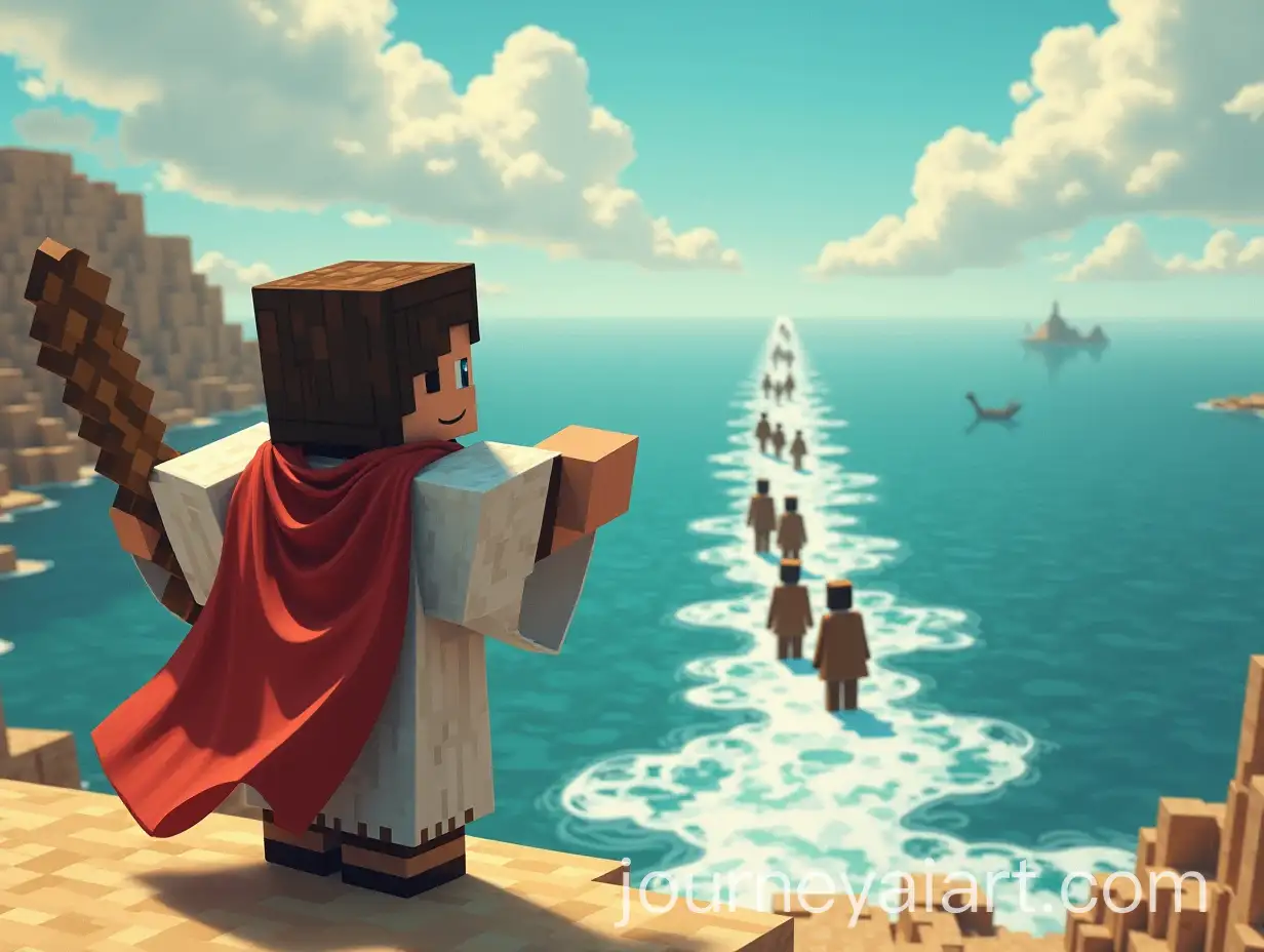 Minecraft-Steve-Parting-the-Sea-with-Cloak-and-Staff-in-Desert