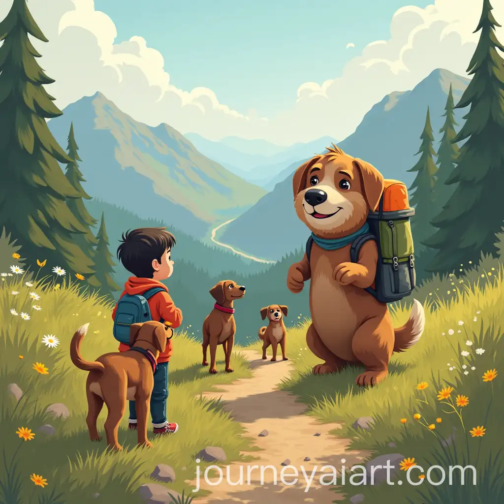 Boy-Hiking-with-Pet-Dogs-and-Friendly-Dinosaur-Encounter