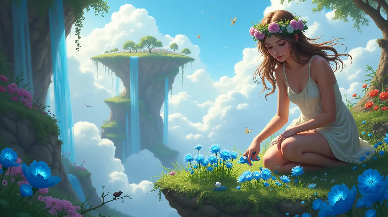 Description: A 24-year-old woman with fair skin and bright blue eyes, tending to a lush garden on a floating island. She wears a simple tunic and a flower crown, with her hair flowing freely in the breeze. Her expression is peaceful as she waters a patch of glowing blue flowers. Setting: A floating island high above the clouds, with vibrant gardens full of colorful flowers and exotic plants, waterfalls flowing off the edges, and small creatures fluttering around, creating a serene and fantastical atmosphere.