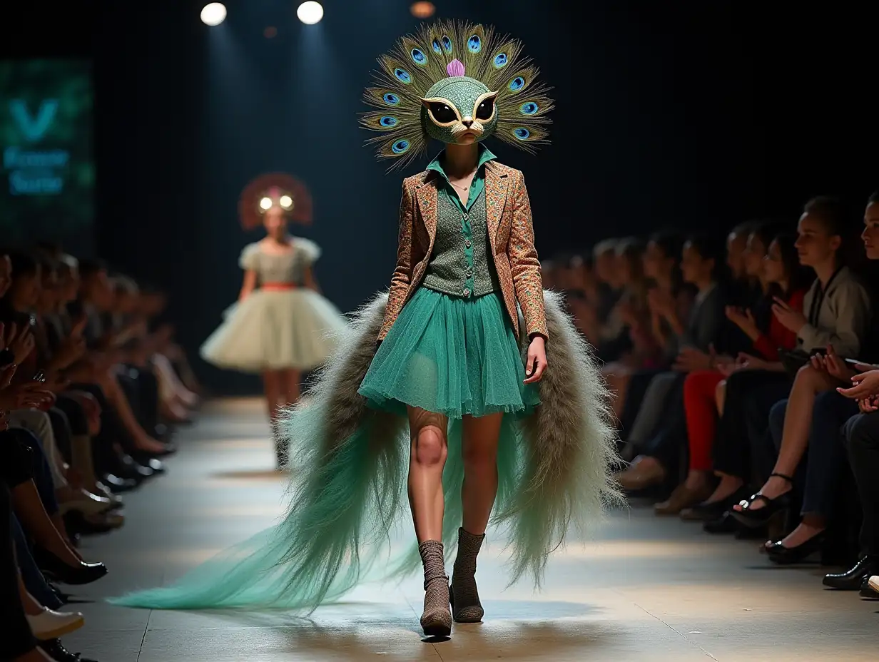 Ki-Fantasy, a mix of man-, cat- and peacock head design with beautiful shoes at a fashion show