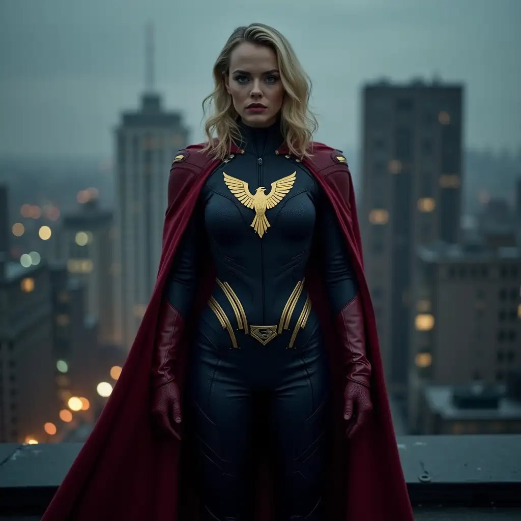 Margot-Robbie-in-Sleek-Armored-Outfit-on-Rooftop-at-Night-with-Crimson-Navy-and-Gold-Accents