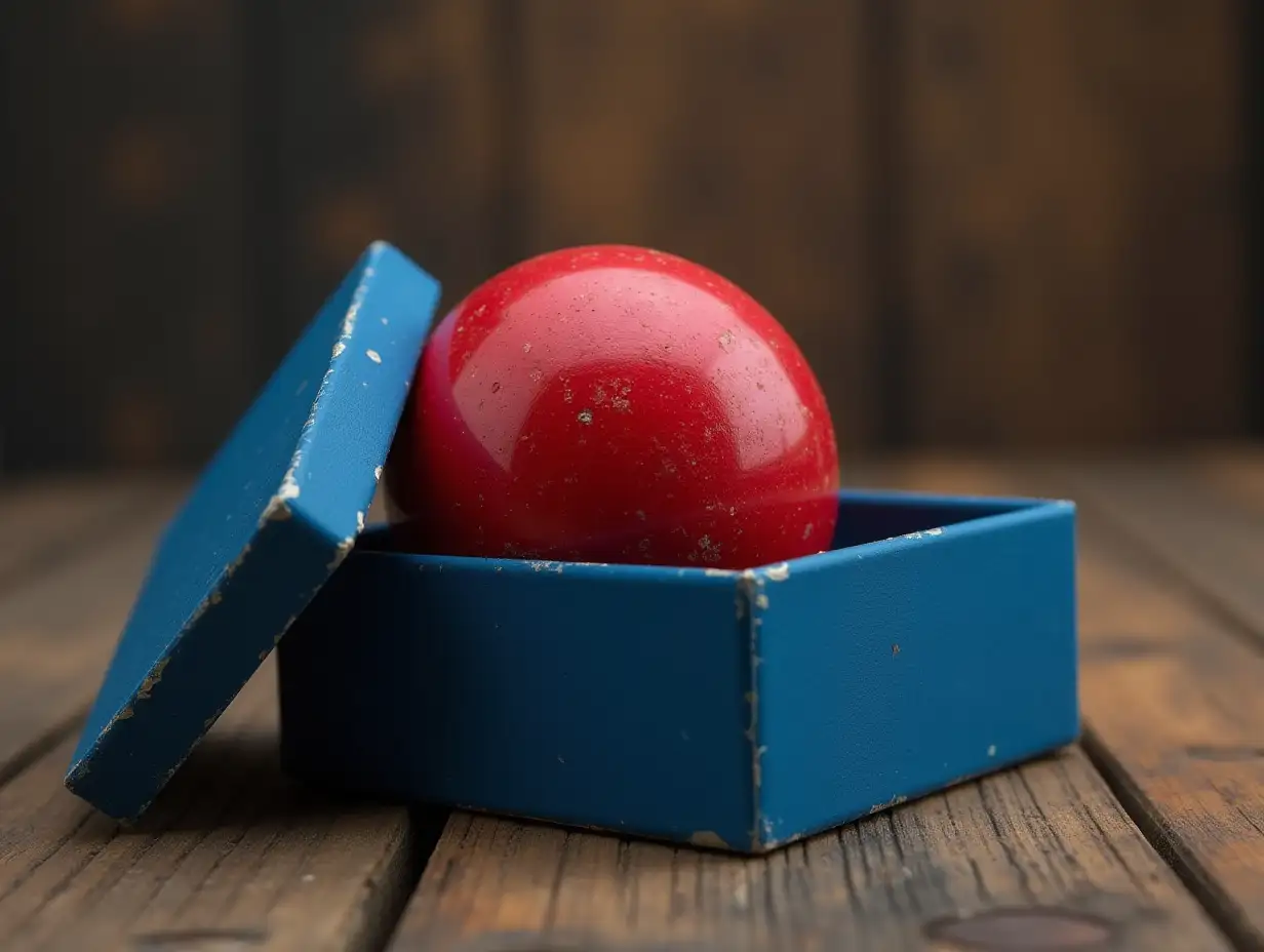 Perfect detailed realistic intricate photo, balanced colors. A red ball is inside a half-opened blue box, a box is lying on the table