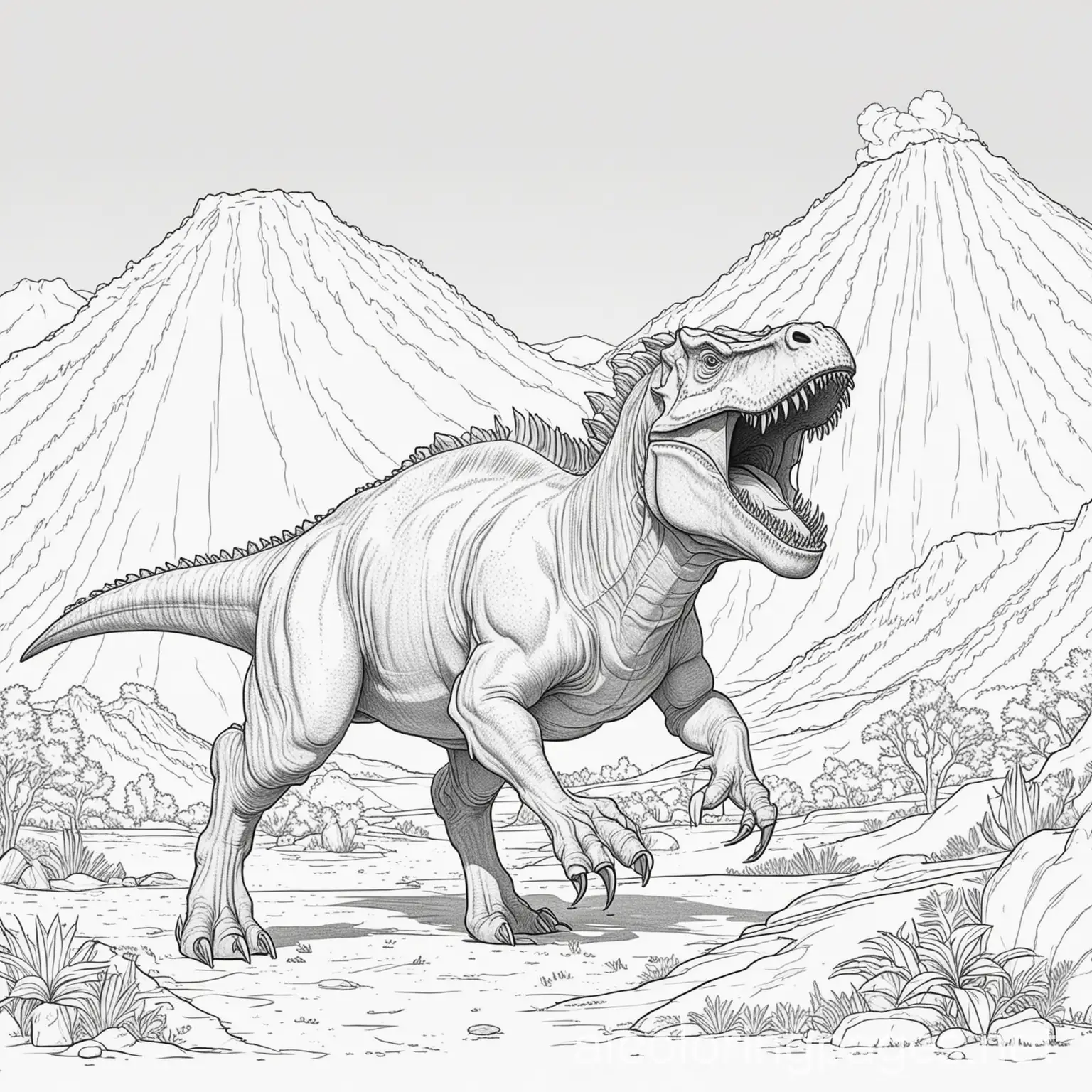 Dinosaur-Bullfighting-in-Volcano-Coloring-Page