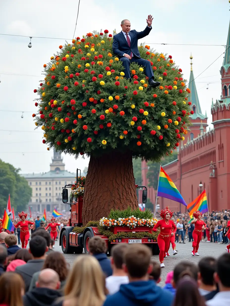 A vibrant parade takes place in Red Square, featuring a massive hazelnut tree adorned with colorful flowers and LGBT flags. Riding atop the tree is Vladimir Putin, dressed in a festive suit, waving to the cheering crowd. The tree is pulled by a truck, while performers in bright costumes dance around, celebrating unity and diversity. The atmosphere is filled with music and joy, as spectators wave flags and banners, embracing the spirit of the event.