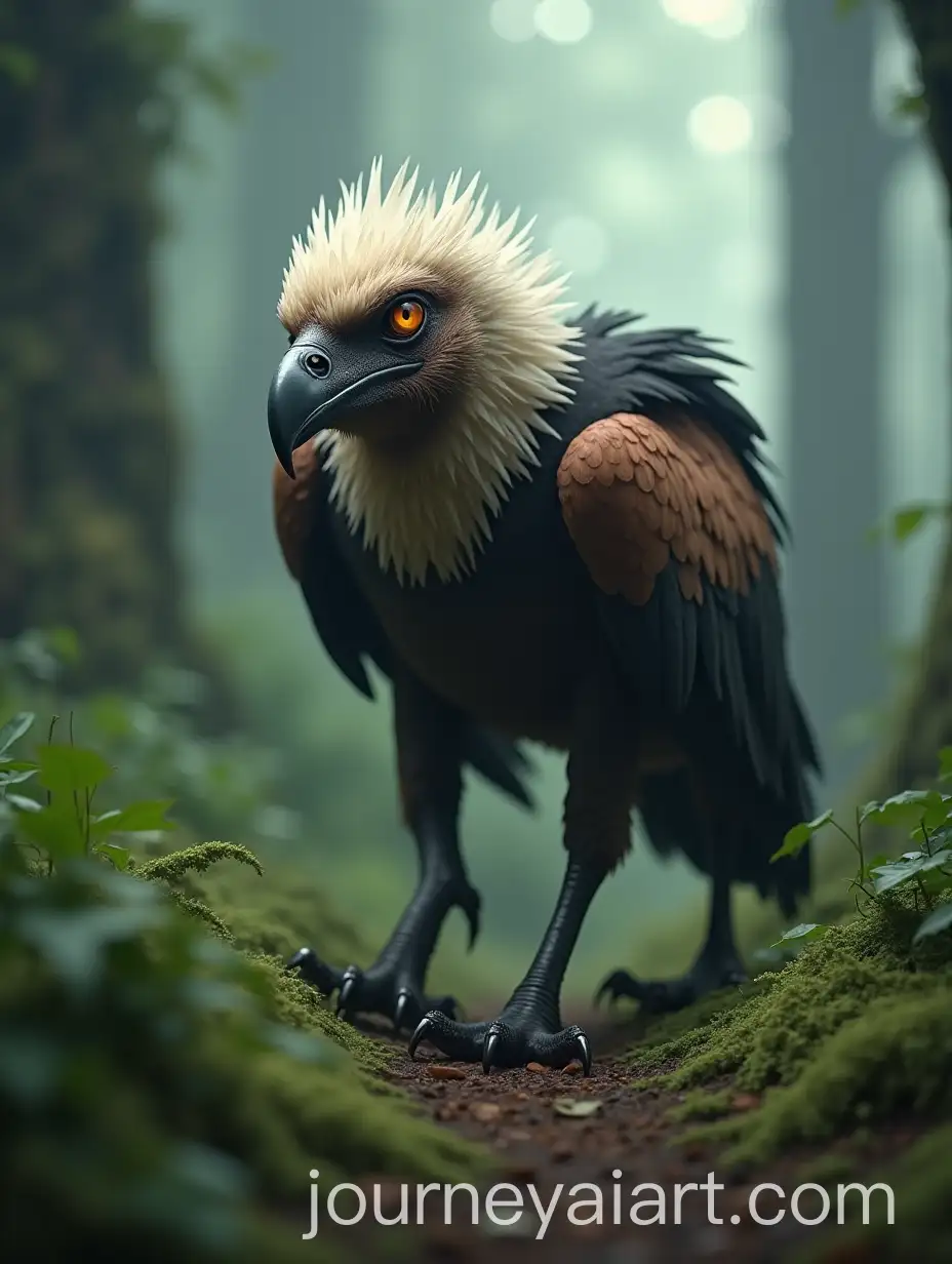 Hybrid-VultureParrot-Creature-Walking-in-Misty-Forest