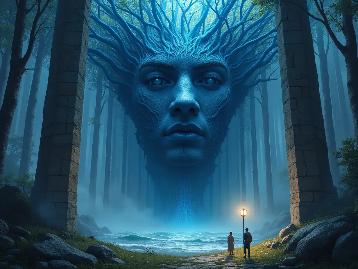 Creating a digital painting of a face on pillars with blue root hair transforms into a building with armor made of stone and the sea with incredible size waves illuminated trees and lantern and people in a meadow sees at noon