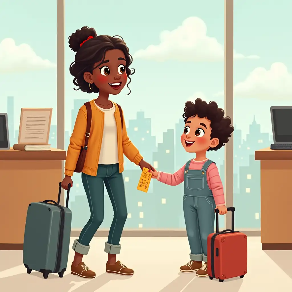 Illustration of a Black Mother and Children Checking In at Airport Counter