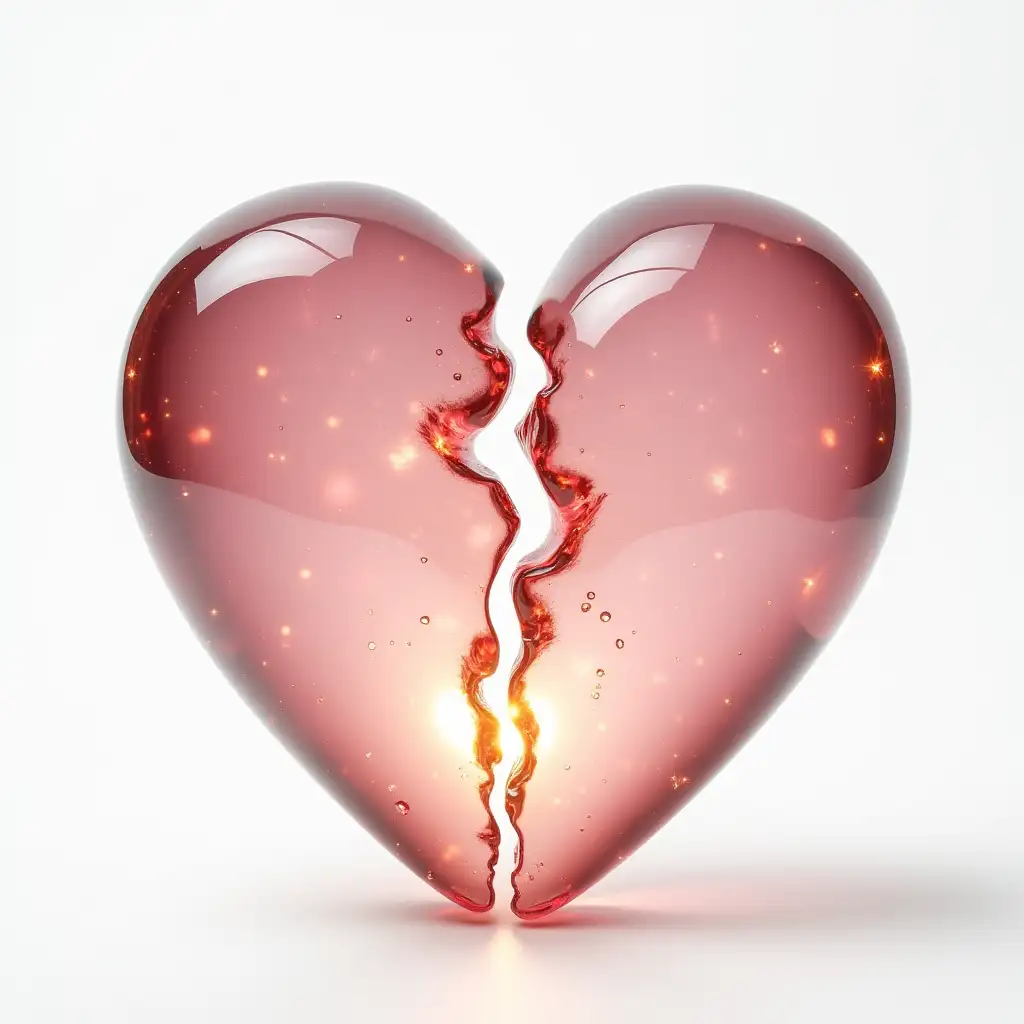 Glowing Glass Heart Pieces Reassembling on White Background