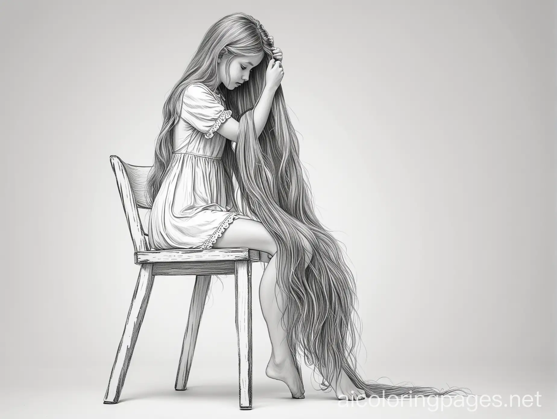 Young-Girl-Combing-Her-Long-Hair-in-a-Simple-Coloring-Page